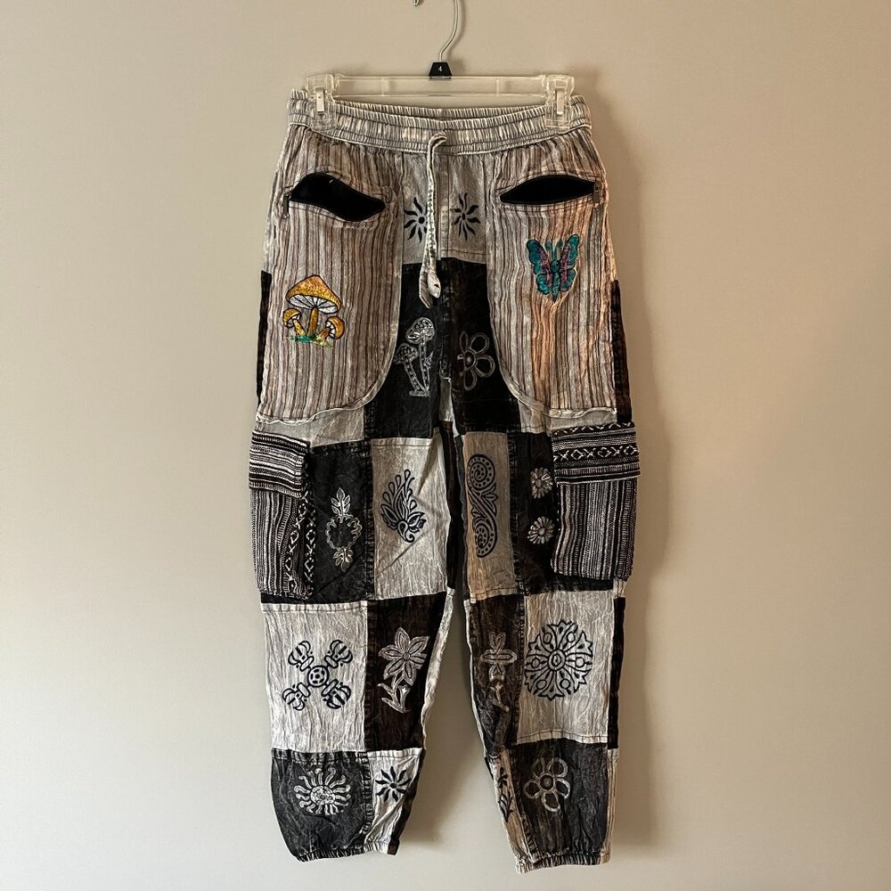 Nepal Patchwork Black/Gray/White Pants with Embroidered Designs (Size S/M)